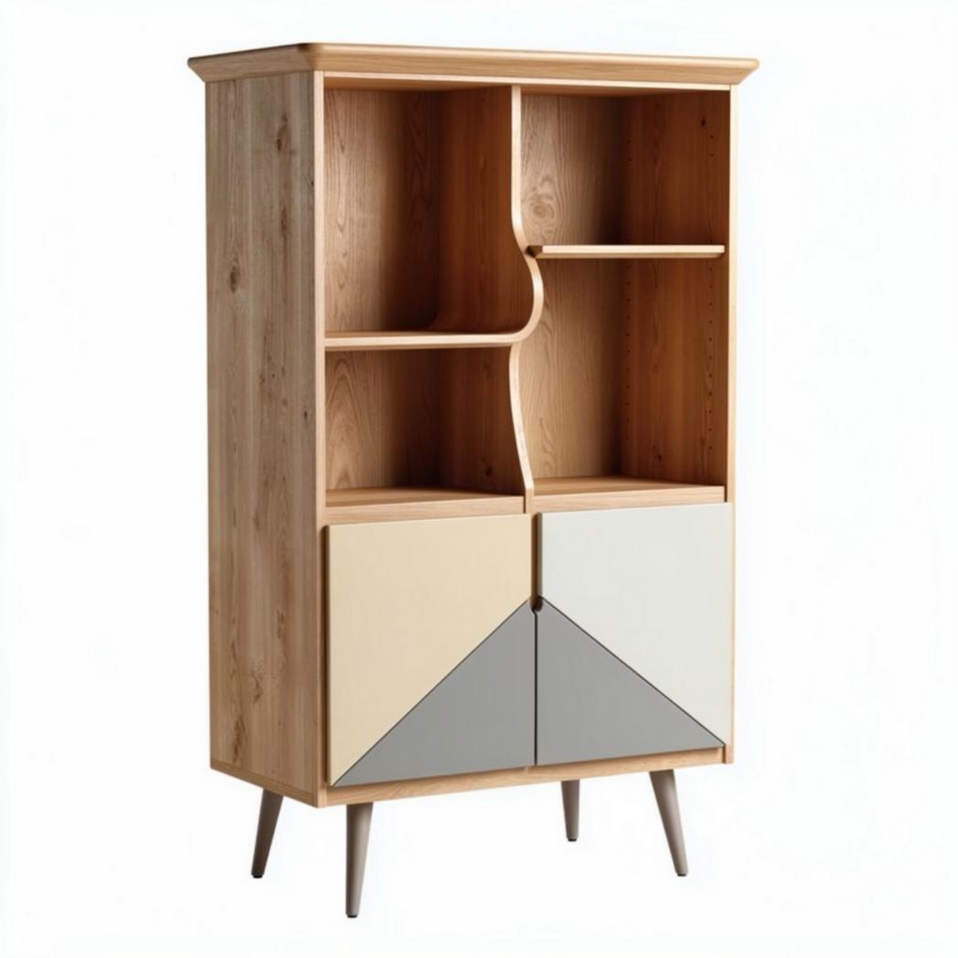 Vitrine kast van hout met geometrische deuren in natuurlijke tinten 100 x 40 x 160cm