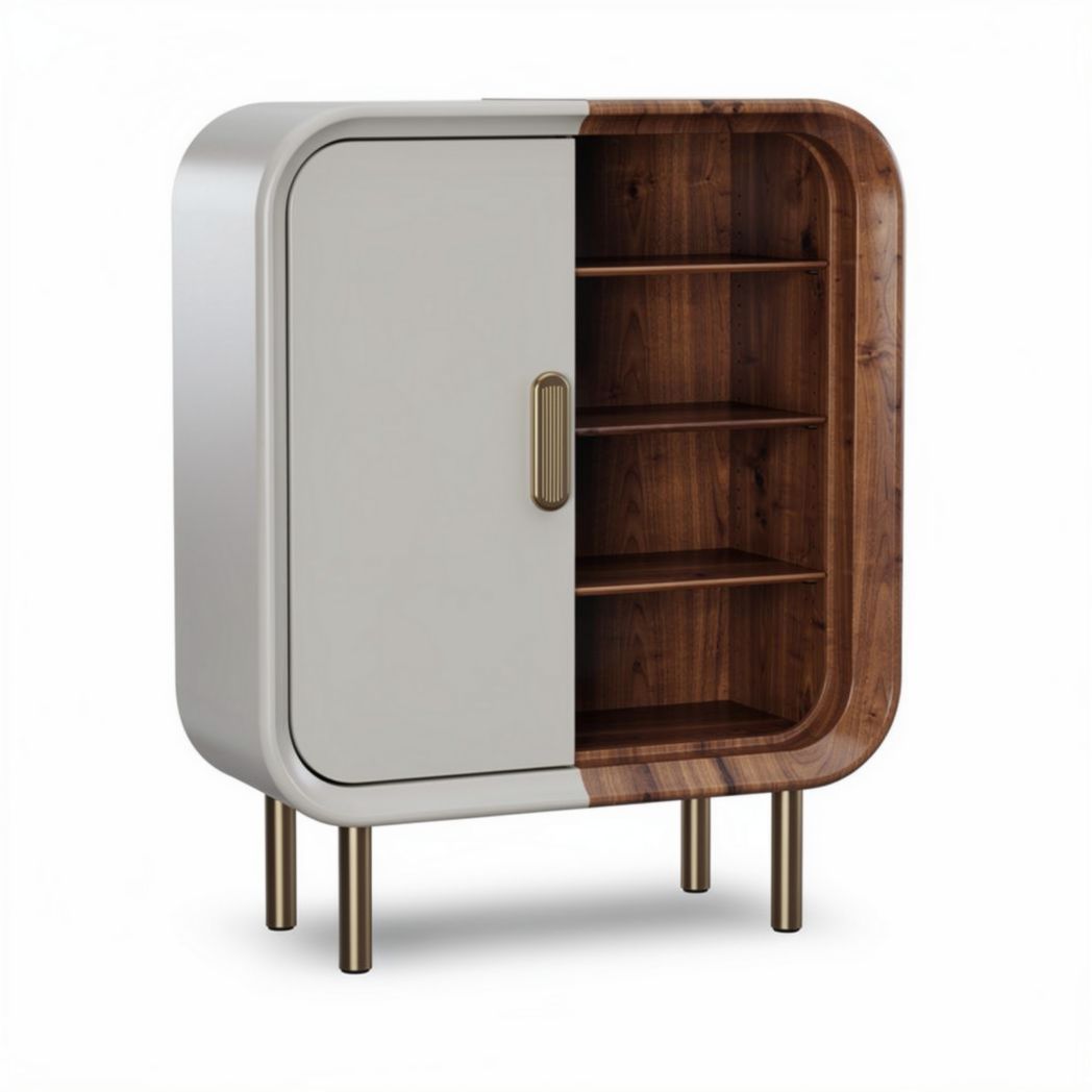Houten opbergkast met metalen deur en planken in beige en bruin 80 x 40 x 90cm