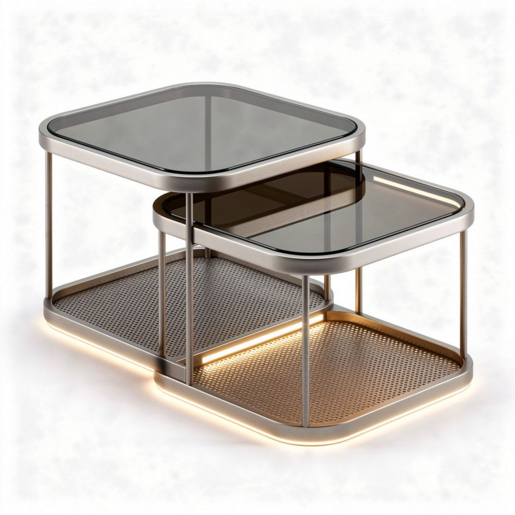 Salontafel set van metaal en glas met verlichting afmeting 40 x 40 x 50 cm