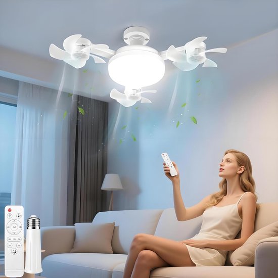 Merkloos / Sans marque LED plafondlamp met ventilator, lamp met kleine ventilator, plafondventilator met verlichting, E27 plafondlamp met ventilator, voor woonkamer en slaapkamer, stil, timerfunctie, 3 snelheden