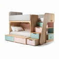 Stapelbed met opbergruimte en bureau hout en stof roze en blauw 200 x 100 x 150cm