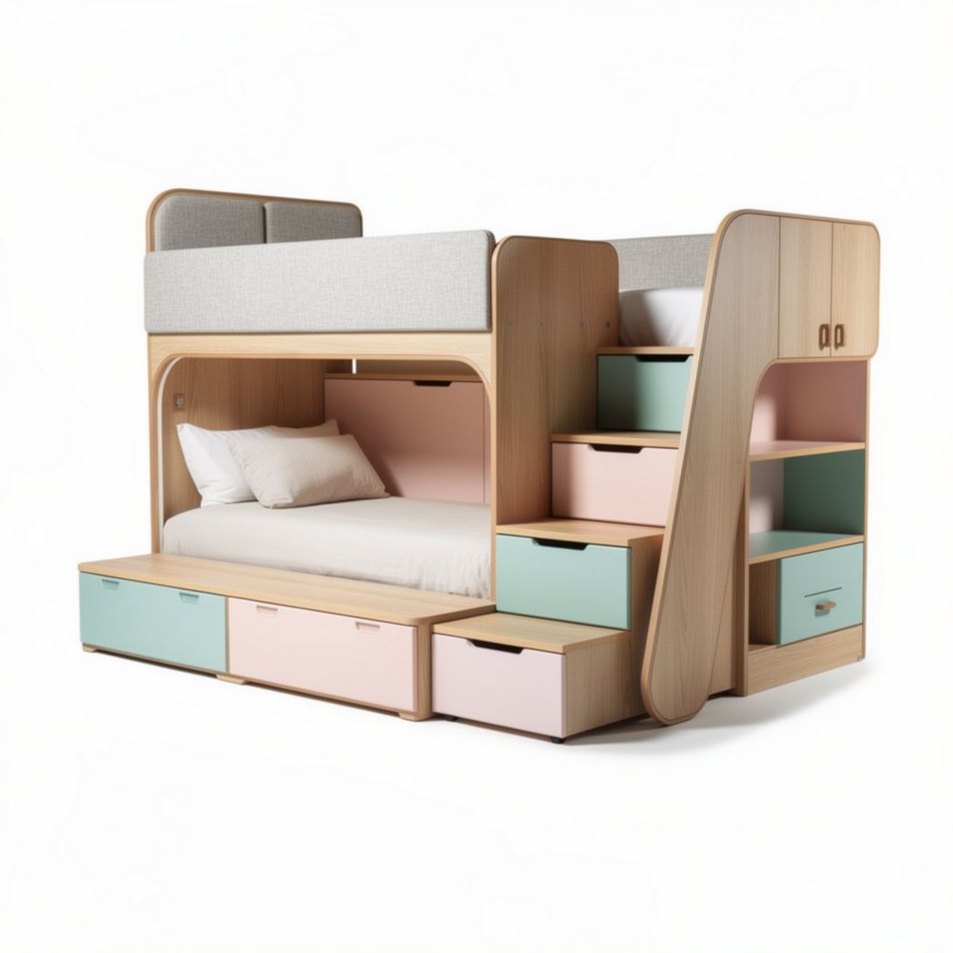 Stapelbed met opbergruimte en bureau hout en stof roze en blauw 200 x 100 x 150cm