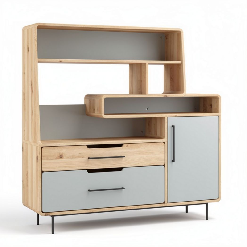 Houten tv-kast met grijze deuren en open planken 180 x 120 x 40cm