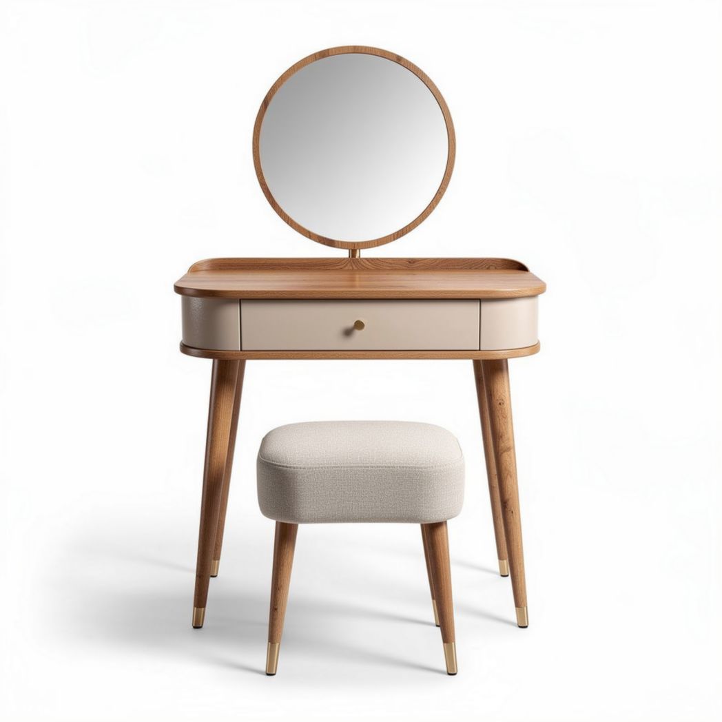 Make-uptafel met ronde spiegel en bijpassende stoffen poef 70 x 40 x 130cm