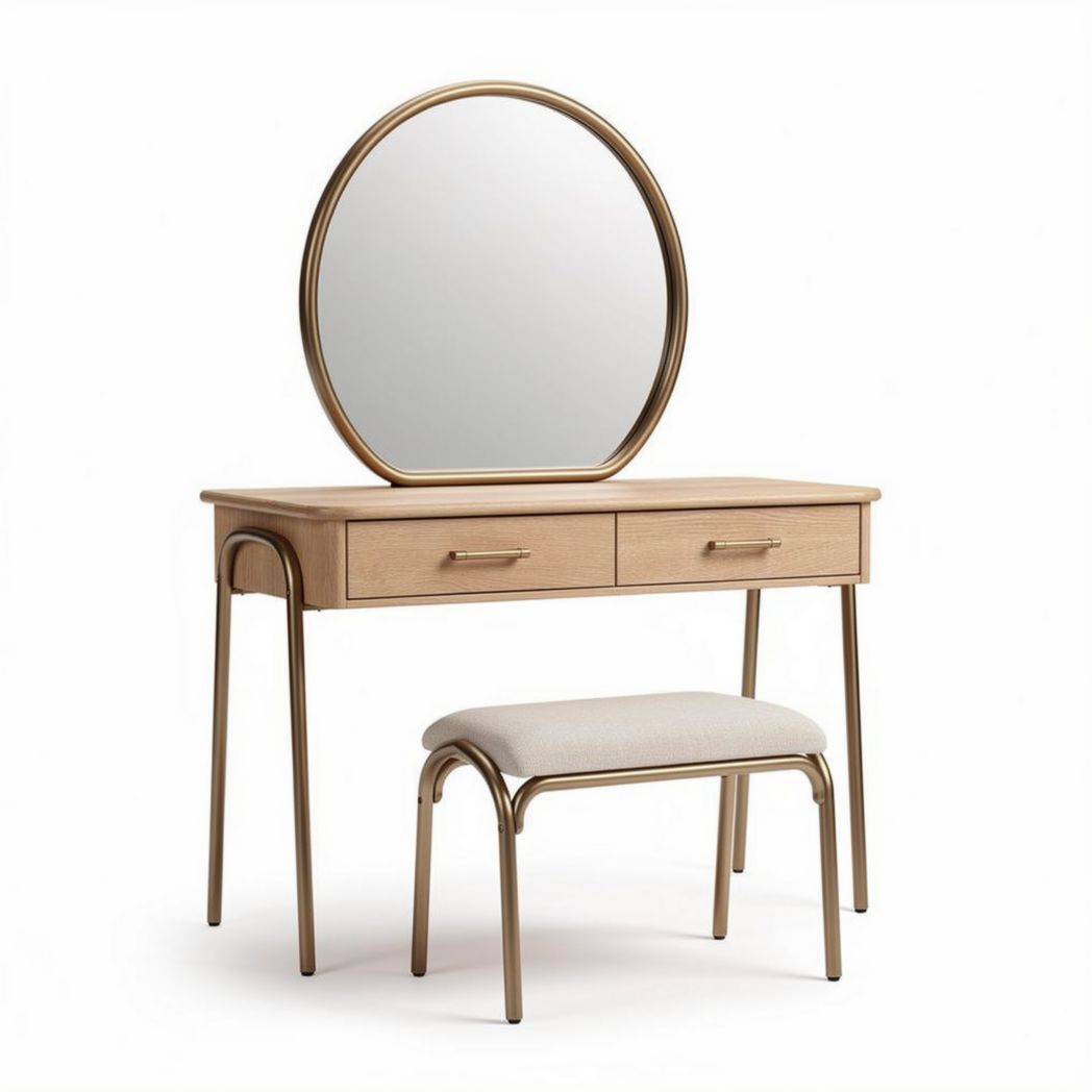 Kaptafel met ronde spiegel en stof bekleedde poef afmetingen 90 x 40 x 150cm