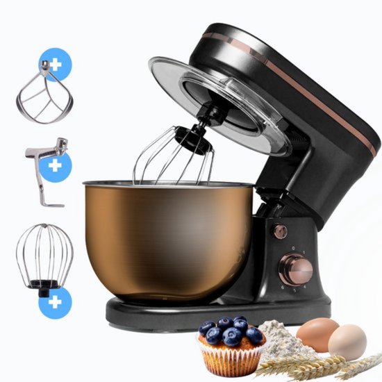 BluMill Keukenmachine - RVS - 6 Snelheden - Keukenmachine met kom - 5 Liter - met Accessoires - 1200W - Zwart / Rosé Goud(Rosé Goud， Zwart)