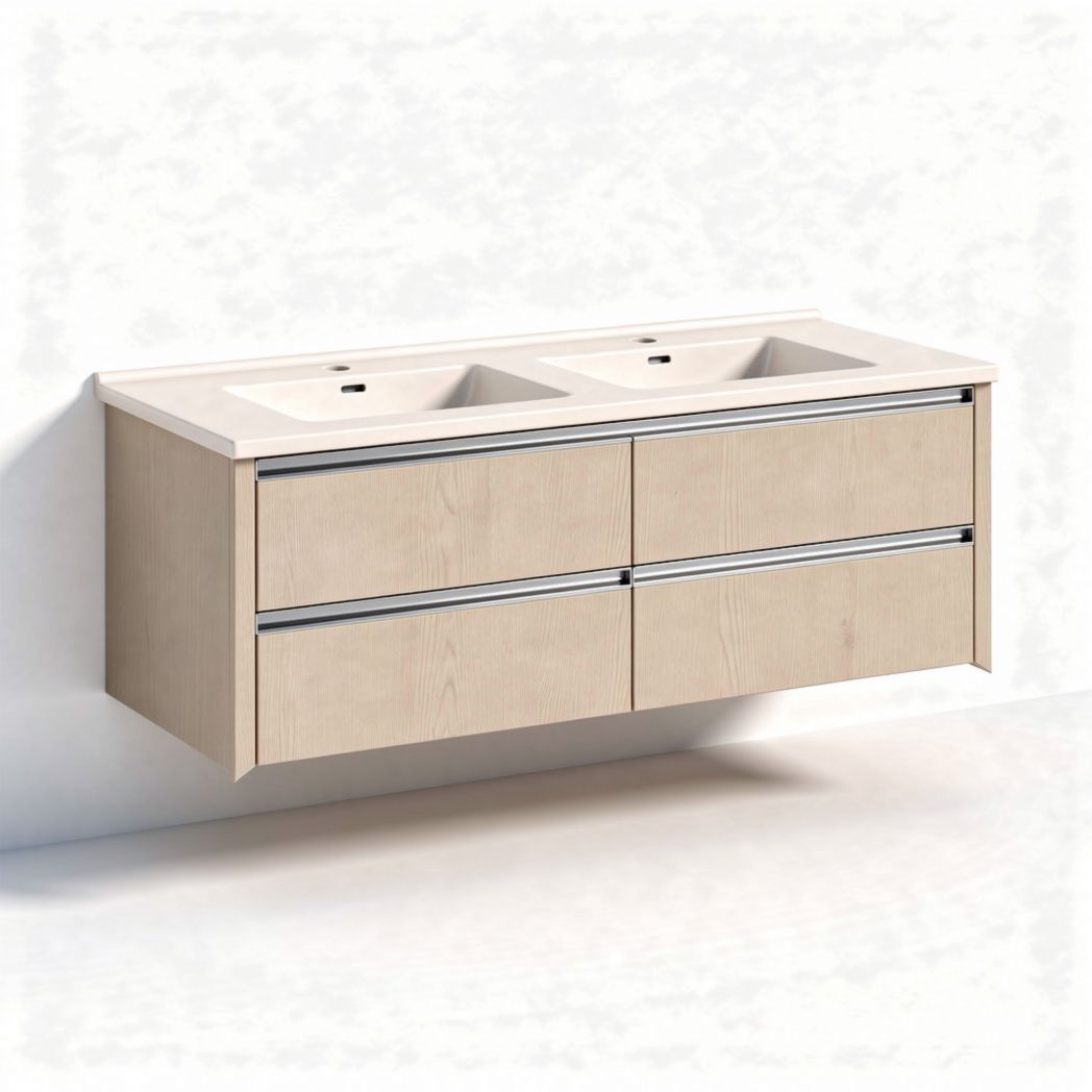 Wandmeubel met dubbele wastafels van hout in lichtbeige 120 x 45 x 40cm