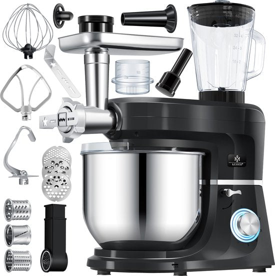 Kesser KESSER® 3 in 1 Keukenmachine Foodprocessor - Keukenmixer - Keukenrobotor K-KM 3000 met Kneder Multifunctionele Mixer 5,5 L Kom met 3 Menggereedschappen 1,5 L Sapcentrifuge Worstset Pasta  Koekjesvormen - Zwart(Zwart)