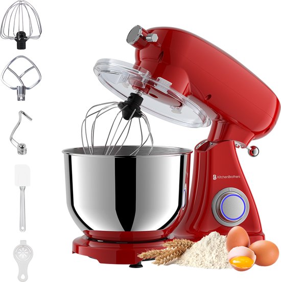 KitchenBrothers Keukenrobot - Keukenmachine - 6,2L Mengkom - 1800W - Keukenmixer - Aluminium - Rood(Rood， 1800W)