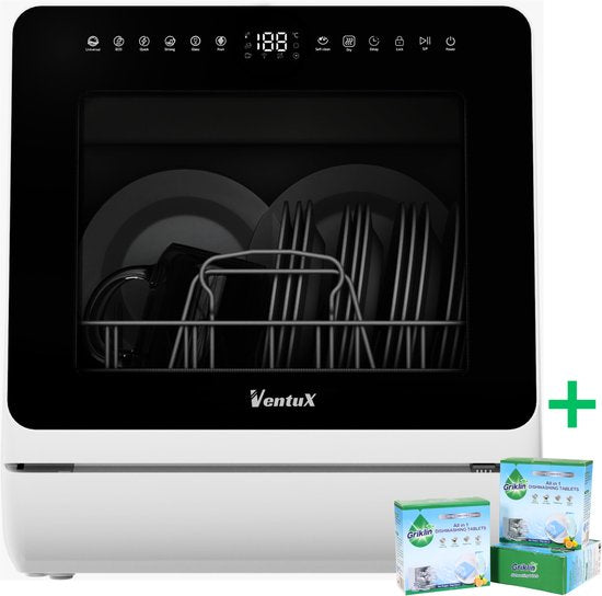 Ventux Mini Vaatwasser met Waterreservoir - 4-6 Couverts - 8 Programma's - Vrijstaande Vaatwasser - Mini Afwasmachine met UV-sterilisatie - Camping - Wit(VTX-22S | Wit)