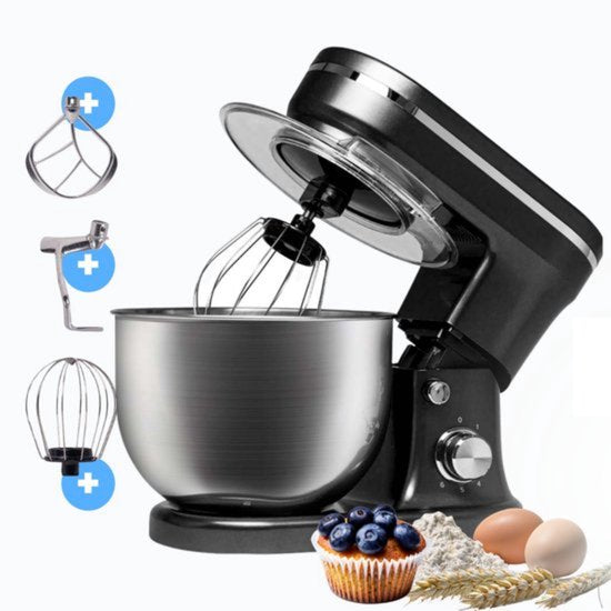 BluMill Keukenmachine - RVS - 6 Snelheden - Keukenmachine met kom - 5 Liter - met Accessoires - 1200W - Zwart Chrome(Zwart， Chrome)