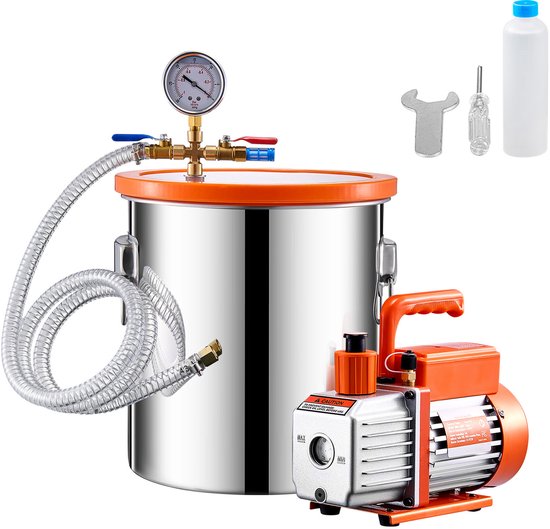 Merkloos / Sans marque 5 Gallon Vacuümkamer  3,5 CFM Pompset, Ontgassingskamer Met Acryl Deksel, Olie, Slang voor Hars en Epoxy, Roestvrij Staal