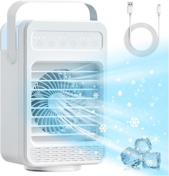 Merkloos / Sans marque Mobiele Airconditioningventilator 4-in-1 - Draagbare Mini Airco - Luchtkoeler met 70° Oscillatie, 4 Ventilatorsnelheden, 2 Vernevelingsmodi en Handgreep - Voor Slaapkamer en Kantoor