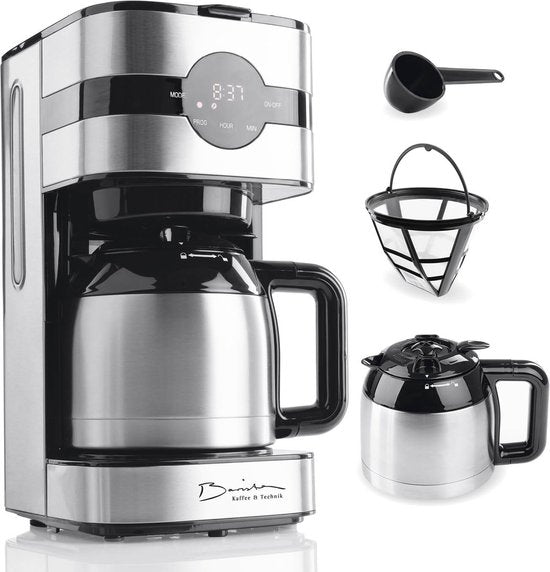 Barista Filterkoffiezetapparaat met thermokan, 24-uurs timer en permanent filter, voor 8 kopjes koffie, koffiezetapparaat voor poeder, roestvrij staal(Zilver met thermoskan)