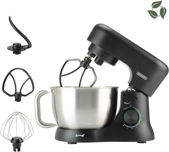 Bourgini Elements Keukenmachine – 1000W – 4,5L Mengkom – 8 Snelheden – Pulsfunctie – 3 Vaatwasserbestendige Accessoires – GRS gecertificeerd gerecyclede materialen(4.5L， Zwart)