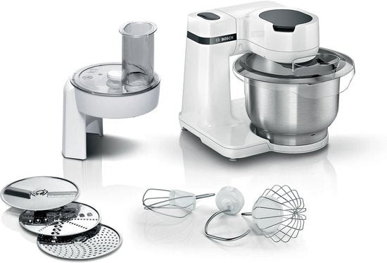 Bosch MUM Serie 2 - MUMS2EW01 - Keukenmachine - 700W - 3,8L - 3 Snijschijven - Wit(Wit， RVS/Kloppers/garde， Kneedhaak， Snij- en raspschijven)