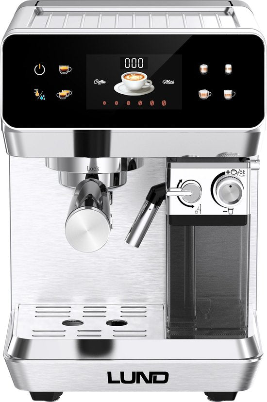 Lund LUND 68503 Premium Pistonmachine – Espressomachine met Automatische Melkopschuimer – 20 Bar – Voor Gemalen Koffie  ESE Pads – 8 Programma's – RVS