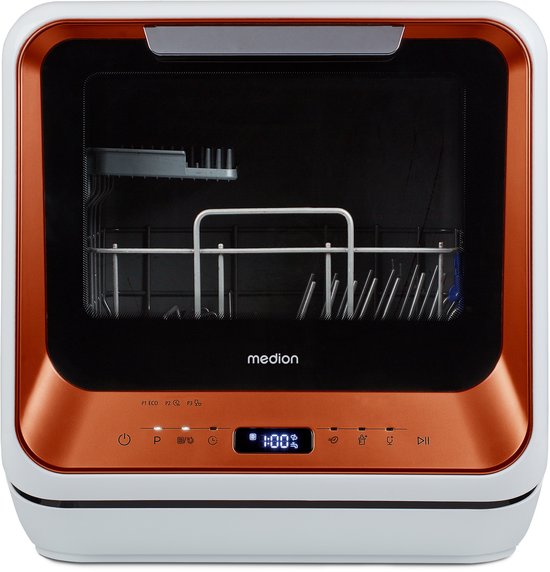 MEDION Mini vaatwasser DWT20 (tafelvaatwasser, 2 couverts, werkt met/zonder wateraansluiting, 6 programma’s, babyflessen, starttijdkeuze, vrijstaand), brons(oranje)