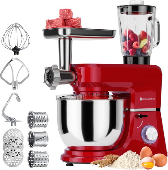 KitchenBrothers Keukenmachine - Keukenrobot - 6-in-1 Keukenmixer - Met Gehaktmolen, Blender en 15 Accessoires - 6,2L RVS Kom - Rood(Rood， Set)