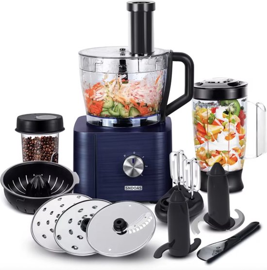 Merkloos / Sans marque JR Keukenmachine - Alles in 1 keukenmachine - Multifunctionele keukenmachine - Blender - Vleesmolen - Garde - Kneder - Shredder - Sinaasappelpers - Hakselaar - Blender - 1100W - Blauw