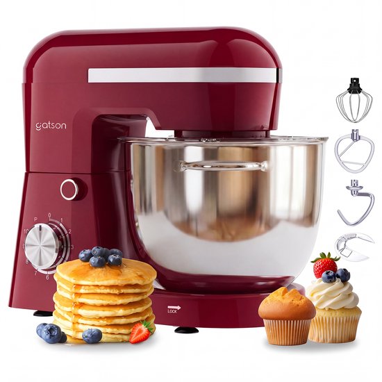 Gatson 1500W Keukenmachine - 10 Snelheden - 5L Mengkom - Dubbele Handvat - Keukenrobot - Keukenmixer - Foodprocessor(Rood)