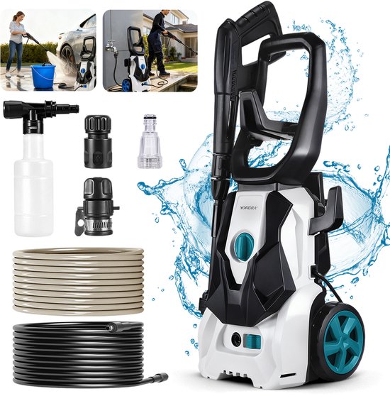Yofidra Hogedrukreiniger - 2200W - Max. 200 Bar Druk - 390 l/h Debiet - Zelfaanzuigend Hogedrukreiniger - met Pistool, Lansen, Zeepreservoir, Patioborstel en Hogedrukslang - voor Huis, Tuin en Auto