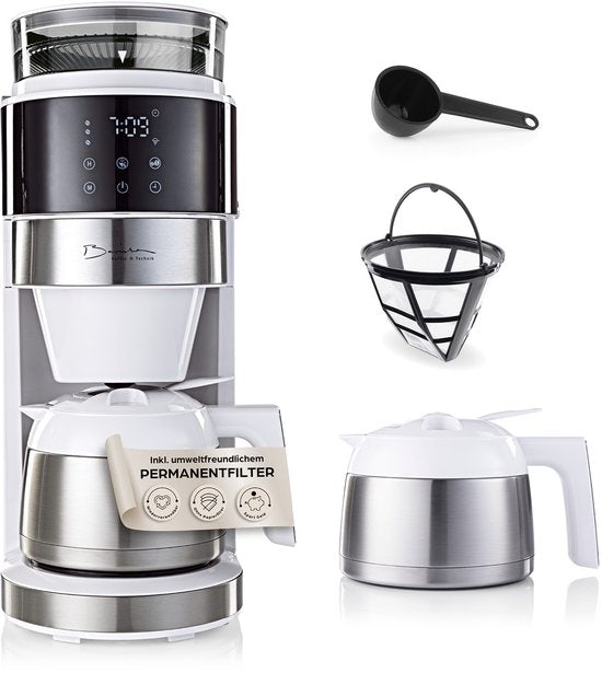 Barista-filterkoffiezetapparaat met instelbare molen (Pro Design) | Warmhoudfunctie, 24-uurs timer  permanentfilter | Voor 10 kopjes koffie | Koffiezetapparaat voor bonen en gemalen koffie [Wit](Wit met thermoskan)